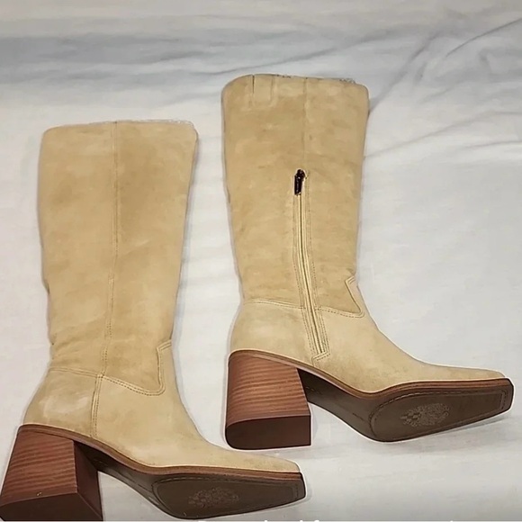 Vince Camuto Tan Sangeti High Boot Square Toe Block Heel Genuine Suede Leather - Picture 3 of 10
